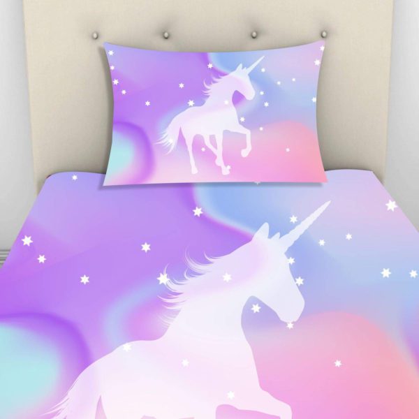 Kid's Velvet Designer Unicorn Printed Single Bedsheet with 1 Matching Pillow Cover (65x100 Inches, Multi-Coloured)