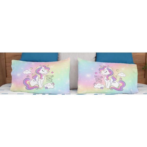 Kid's Velvet Designer 250TC Modern Dream Come True Unicorn Printed Double King Size Bedsheet with 2 Matching Pillow