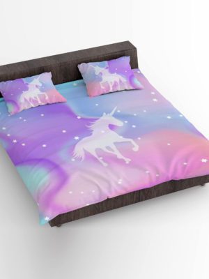 Kid's Velvet Designer Unicorn Printed Double King Size Bedsheet with 2 Matching Pillow Covers (100x100 Inches,