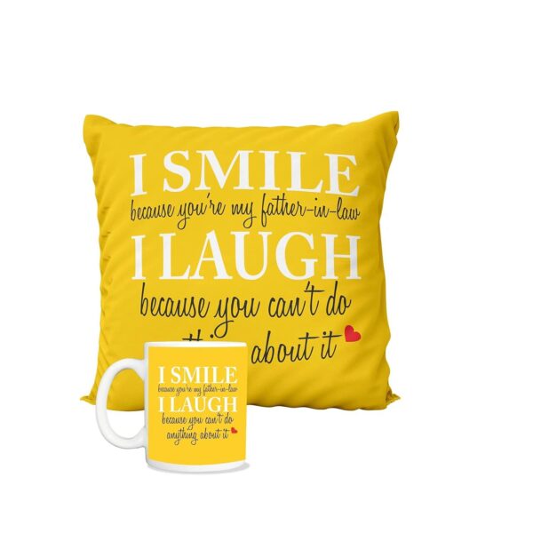 Father's Day Gifts Mug, Cushion Cover, Fridge Magnet Combo Hamper Set of 3 for The Best Father-in-Law Ever