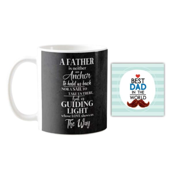Father is Neither Anchor Nor Sail But Guiding Light Combo Hamper of Mug, Coaster, Cushion Cover (Black) - Set of 3