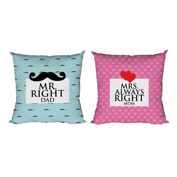 Birthday Gifts for Father 330 ml Mr Right Mrs Always Right Mom Dad Mug with 12x12 inches Cushion Cover,