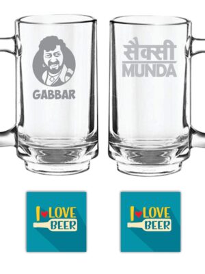 New Year Gifts, Gabbar Sexy Munda Hindi Engraved Beer Mugs Set of 2 with Coaster - Playboy Beer 357 ml