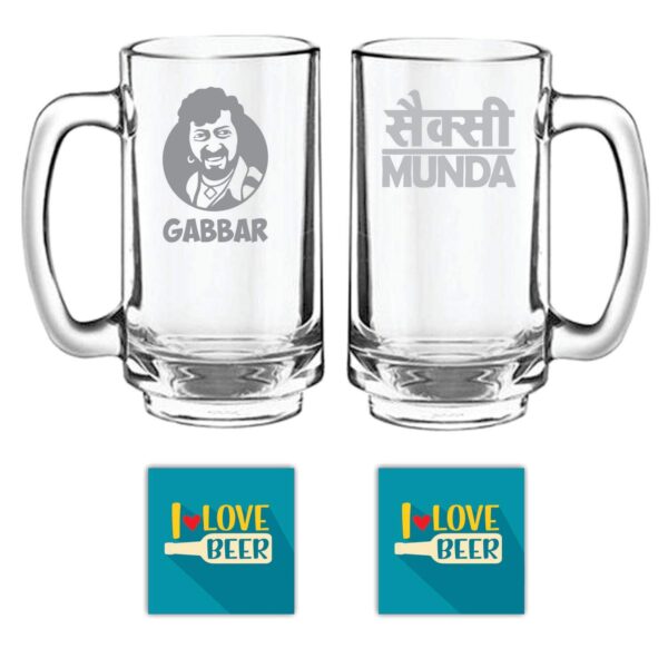 New Year Gifts, Gabbar Sexy Munda Hindi Engraved Beer Mugs Set of 2 with Coaster - Playboy Beer 357 ml