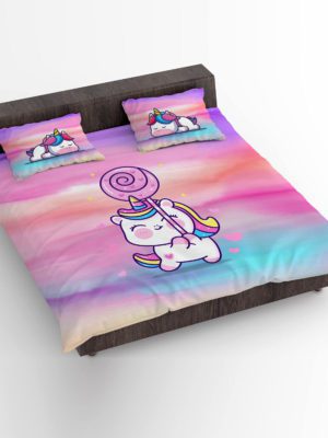 Birthday Gifts Velvet Designer Kids Unicorn Magical Printed Double King Size Bedsheet (100x100 Inches/250TC) with 2