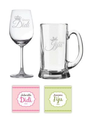 Rakhi Gifts King Queen Didi Jiju Beer Mug Wine Glass Combo, Coasters Set of 4