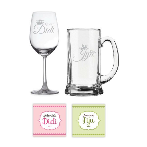 Rakhi Gifts King Queen Didi Jiju Beer Mug Wine Glass Combo, Coasters Set of 4