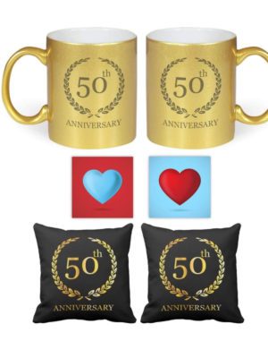 50th for Mom Dad, Golden Jubilee Glitter Couple Mugs Gift Hamper Set Combo of 2 (Black Cushion Cover - 12