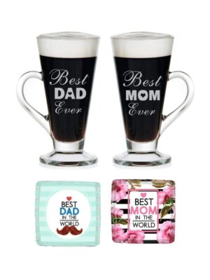Mothers Day Just Like Mother Father Engraved Coffee Tea Cups of 2 with Coasters