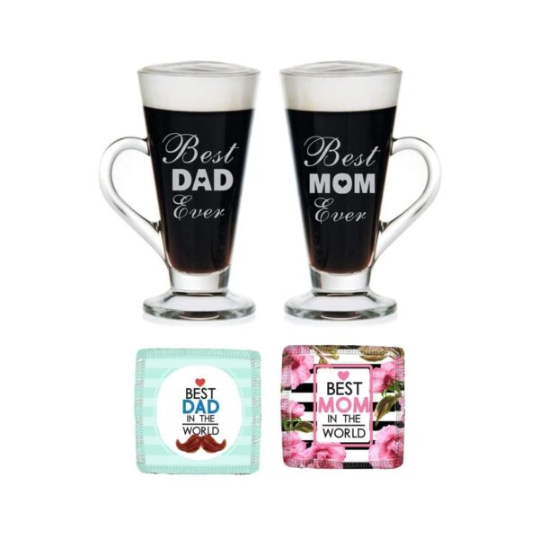 Mothers Day Just Like Mother Father Engraved Coffee Tea Cups of 2 with Coasters