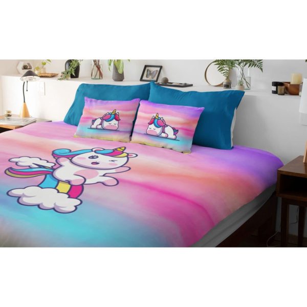 Birthday Gifts Velvet Designer Kids Dancing Unicorn Printed Double King Size Bedsheet (100x100 Inches/250TC) with 2