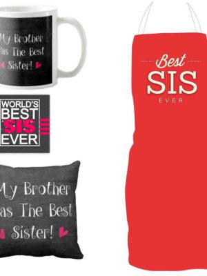 My Brother has The Best Sister Apron, Ceramic Mug, Cushion Cover, Coaster Combo for Sister (Multicolor, 330ml) - Set