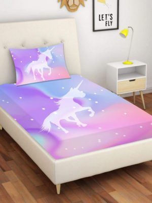 Kid's Velvet Designer Unicorn Printed Single Bedsheet with 1 Matching Pillow Cover (65x100 Inches, Multi-Coloured)