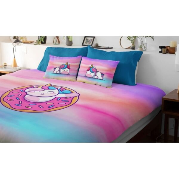 Birthday Gifts Velvet Designer Kids Donut Unicorn Printed Double King Size Bedsheet (100x100 Inches/250CT) with 2