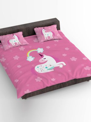 Birthday Gifts Velvet Designer Kids Dream Unicorn Printed Double King Size Bedsheet (100x100 Inches/250TC) with 2