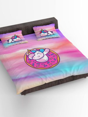 Birthday Gifts Velvet Designer Kids Donut Unicorn Printed Double King Size Bedsheet (100x100 Inches/250CT) with 2