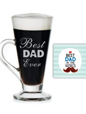 Best Dad Ever Engraved Glass Tea, Coffee Mug Cup with Coaster