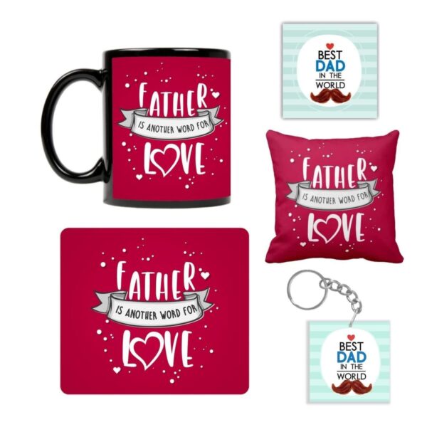 Father is Another Word for Love Ceramic Mug, Coaster, Cushion Cover, Mousepad and Keychain (Red) -Combo Set of 5