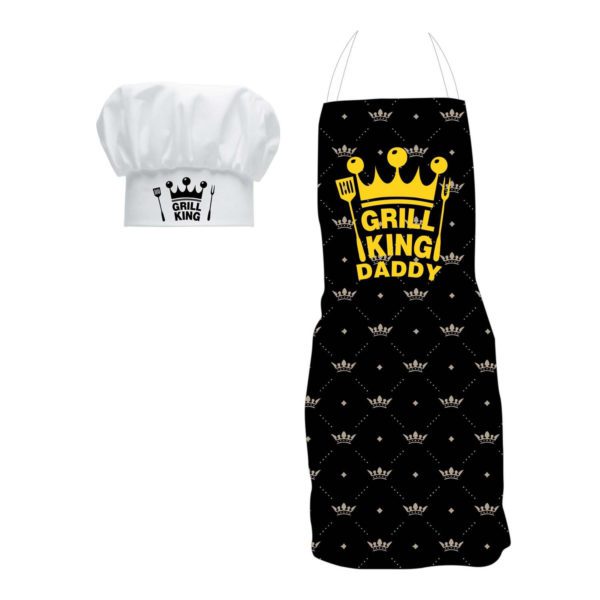 Grill  King Dad Hamper for Father Apron, Mug, Coaster, Cushion Cover, Mousepad (Black) -Set of 5