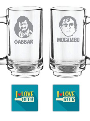 New Year Gifts, Gabbar Mogambo Hindi Engraved Beer Mugs Set of 2 with Coaster - Playboy Beer 357 ml