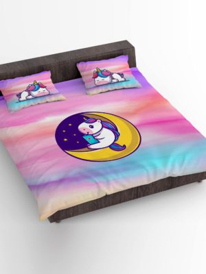 Birthday Gifts Velvet Designer Kids Star Moon Unicorn Printed Double King Size Bedsheet (100x100 Inches/250CT) with 2