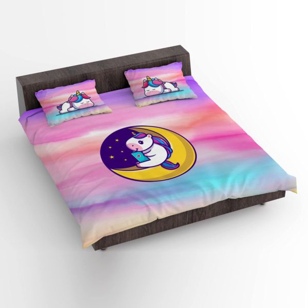 Birthday Gifts Velvet Designer Kids Star Moon Unicorn Printed Double King Size Bedsheet (100x100 Inches/250CT) with 2