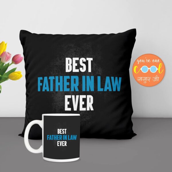 Father's Day Gifts Mug, Cushion Cover, Fridge Magnet Combo Hamper Set of 3 for The Best Father-in-Law Ever