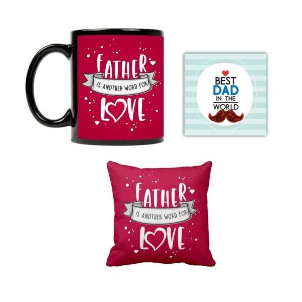 Father is Another Word for Love Ceramic Mug, Coaster, Cushion Cover, Mousepad and Keychain (Red) -Combo Set of 5