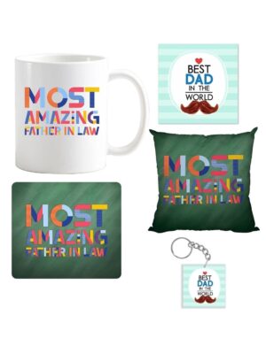 Father's Day Gifts Printed Mousepad, Keychain, Cushion Cover, Ceramic Coffee Mug (330ml), with Coaster Hamper Set