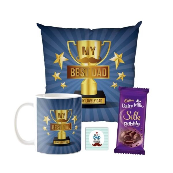 My Best Dad to Lovely Dad Mug, Cushion Cover,1 Dairy Milk Silk 60 gm, with