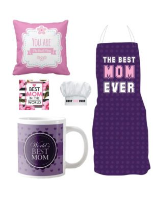 Best Mom Ever Gift Hamper for Mom - Apron Chef Hat Cushion Cover Mug Coaster