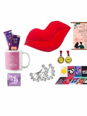 Day Gifts For Wife Dairy Milk Silk Heart Blush Chocolate(250g), Love Post Card, Lip Cushion, Mug+Coaster,