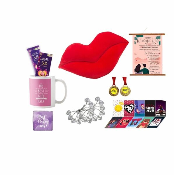 Day Gifts For Wife Dairy Milk Silk Heart Blush Chocolate(250g), Love Post Card, Lip Cushion, Mug+Coaster,