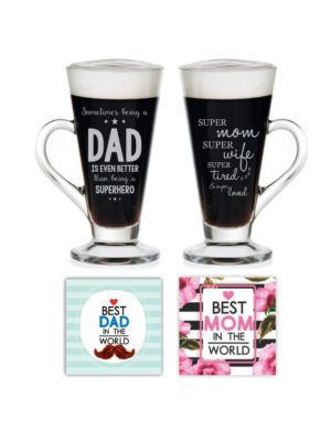 Anniversary Gifts For Mom Dad, Super Mom Super Dad Engraved Tea Coffee Mugs Set Of 2 With Coasters