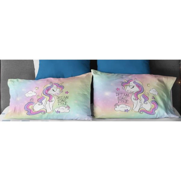 Kid's Velvet Designer 250TC Modern Dream Come True Unicorn Printed Double King Size Bedsheet with 2 Matching Pillow