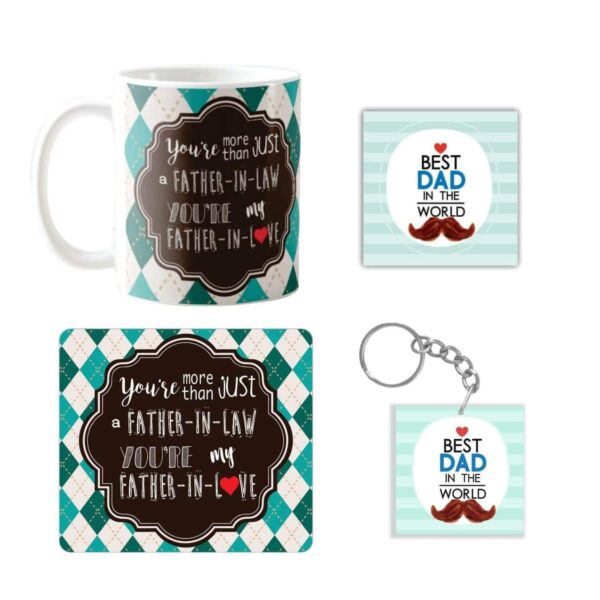Birthday Gifts for Father in Law, Father in Love Combo Set of 5 Mug-Coaster-Cushion