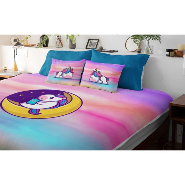 Birthday Gifts Velvet Designer Kids Star Moon Unicorn Printed Double King Size Bedsheet (100x100 Inches/250CT) with 2