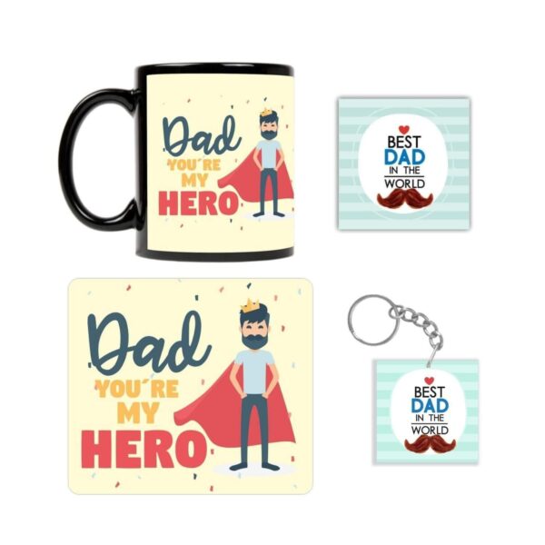 Super Dad Ceramic Mug-Coaster-Cushion Cover-Mousepad-Keychain (Off-white, 330ml) - Combo Set of 5