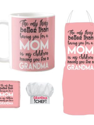 for Grandmother Grandma, Best Grandma Gift Combo for Grandmother Set of 4 - Apron, Chef Hat, Mug with Coaster