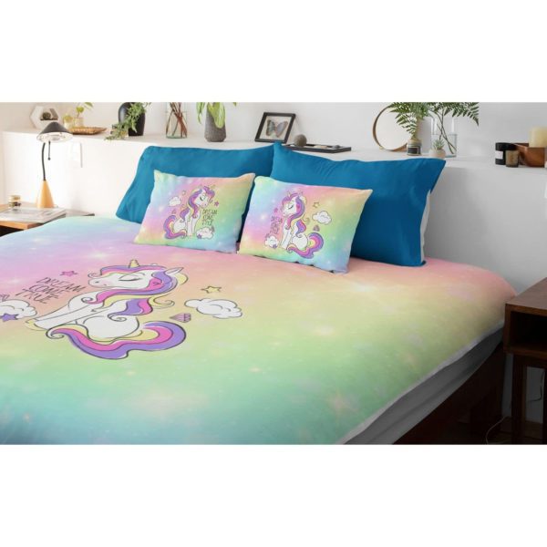 Kid's Velvet Designer 250TC Modern Dream Come True Unicorn Printed Double King Size Bedsheet with 2 Matching Pillow