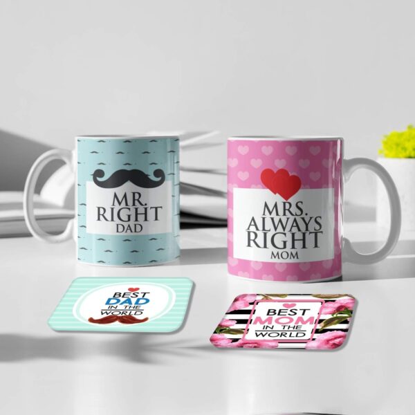 Birthday Gifts for Father 330 ml Mr Right Mrs Always Right Mom Dad Mug with 12x12 inches Cushion Cover,
