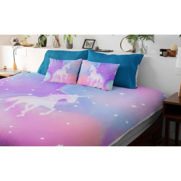 Kid's Velvet Designer Unicorn Printed Double King Size Bedsheet with 2 Matching Pillow Covers (100x100 Inches,