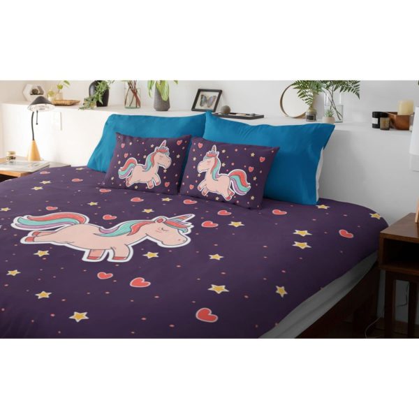 Birthday Gifts Velvet Designer Kids Cute Unicorns Printed Double King Size Bedsheet (100x100 Inches/250CT) with 2