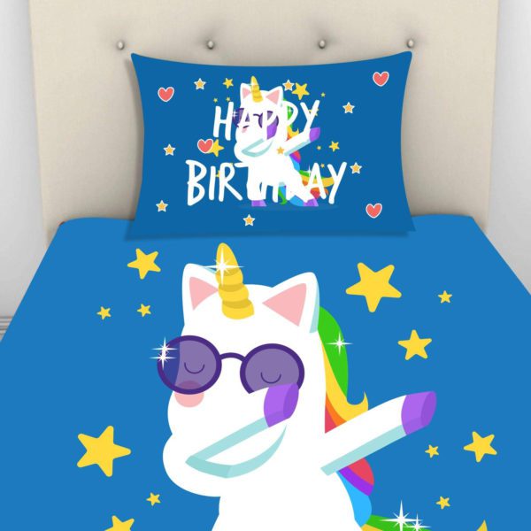 Birthday Gifts Velvet Designer Kids Swag Baby Unicorns Printed Single Bedsheet (65x100 Inches/250CT) with 1 Matching