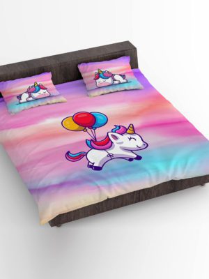 Birthday Gifts Velvet Designer Kids Balloons Flying Unicorns Printed Double King Size Bedsheet (100x100 Inches/250CT)