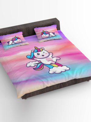 Birthday Gifts Velvet Designer Kids Dancing Unicorn Printed Double King Size Bedsheet (100x100 Inches/250TC) with 2