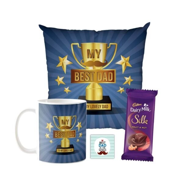 My Best Dad to Lovely Dad Mug, Cushion Cover,1 Dairy Milk Silk 60 gm, with