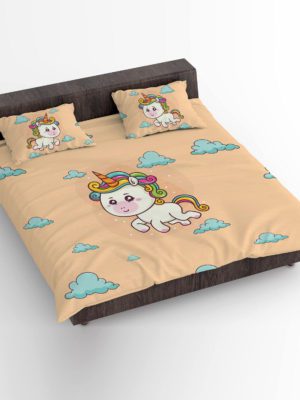 Birthday Gifts Velvet Designer Kids Cute Baby Unicorn Printed Double King Size Bedsheet (100x100 Inches/250CT) with 2