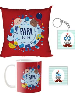 Mug, Ceramic Coaster, Cushion Cover for Father's Day (Red) -Combo Hamper Set of 3