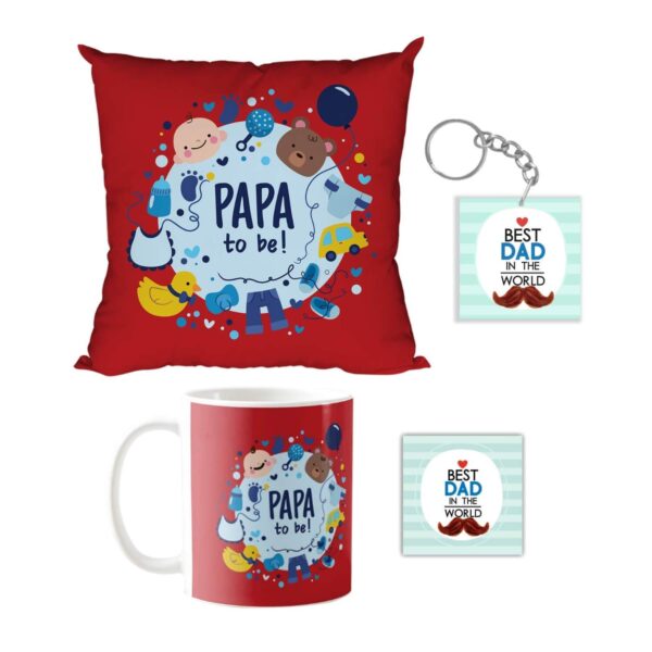 Mug, Ceramic Coaster, Cushion Cover for Father's Day (Red) -Combo Hamper Set of 3